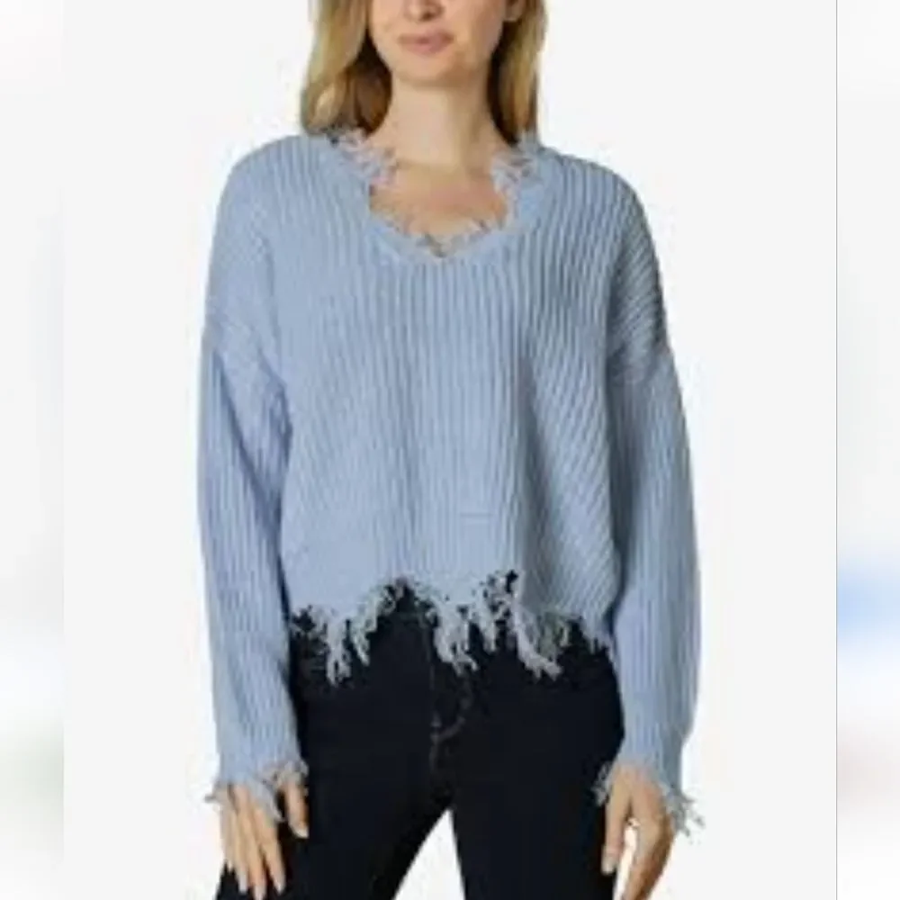 Boutique Light Blue Pastel Fringe V neck Knit Sweater M Crop Distressed